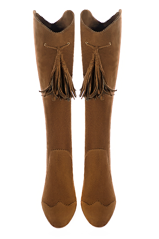 Caramel brown women's cowboy boots. Round toe. Medium spool heels. Made to measure. Top view - Florence KOOIJMAN
